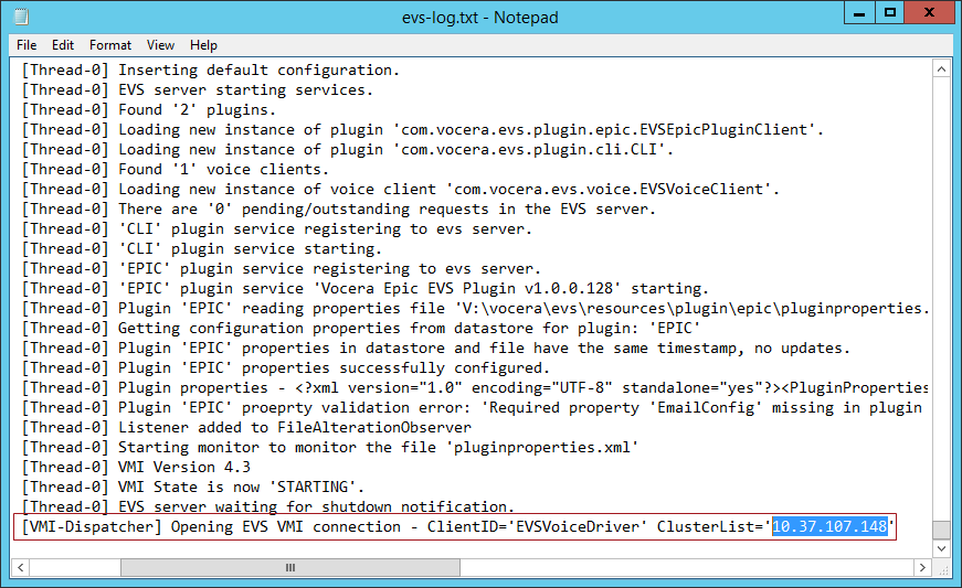 Confirming VMI connection on Vocera Environmental Services Integration Server