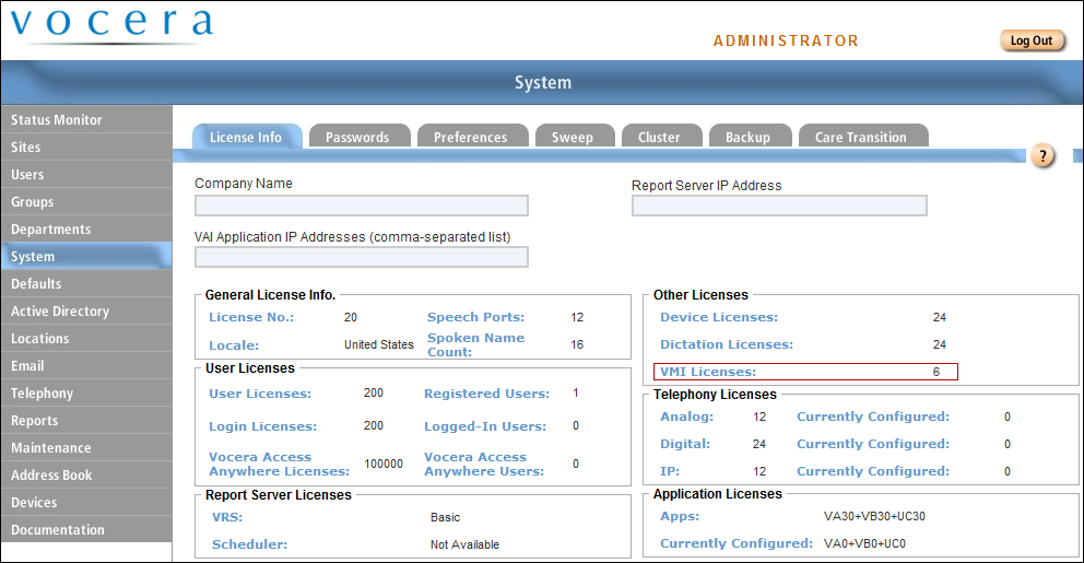 The System|License Info page
