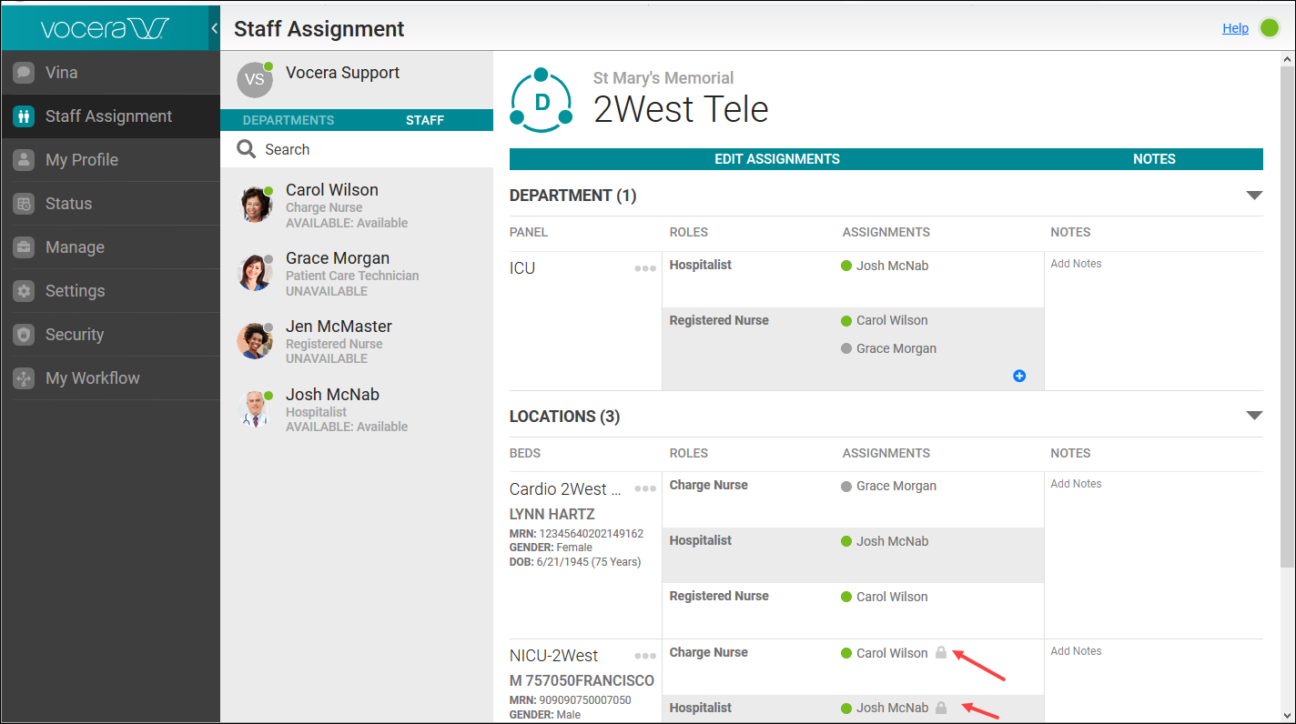 Viewing Care Team Assignments on Single-bed Locations in Vocera Engage